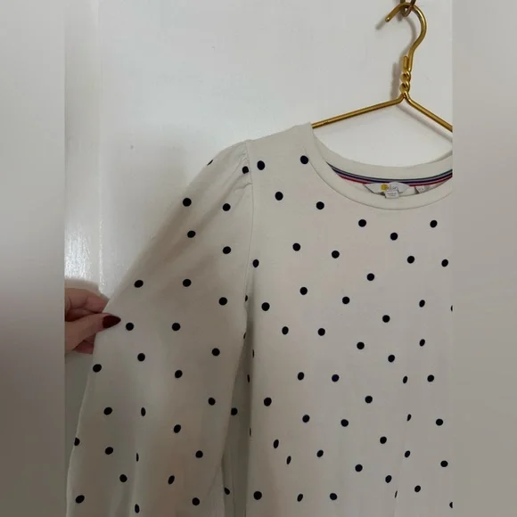 Boden Romona Sweatshirt Dress Size 10 White With Navy Polka Dots